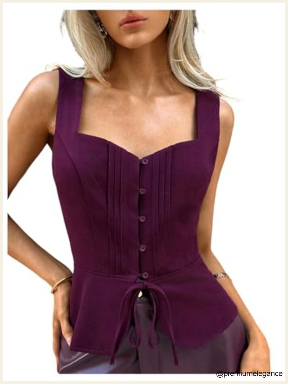 Sleeveless Square Neck Pleated Button Down Tank Top Business Casual